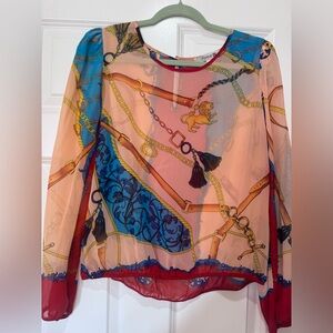 Chain-Print Sheer Long Sleeve Top - Peach & Blue